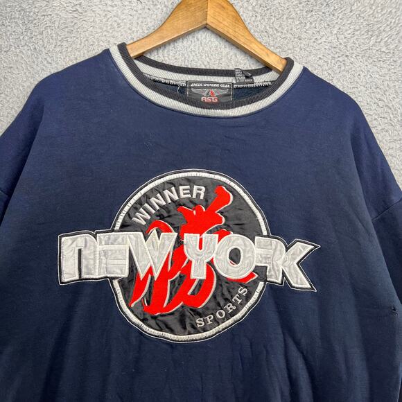 Vintage New York Sweatshirt Men's Large Blue Crewneck Embroidered Distressed 90s - Picture 5 of 13
